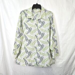 Chic Comfort Womens White Navy Green Leaf Animal Print Tropical Button Top 2x